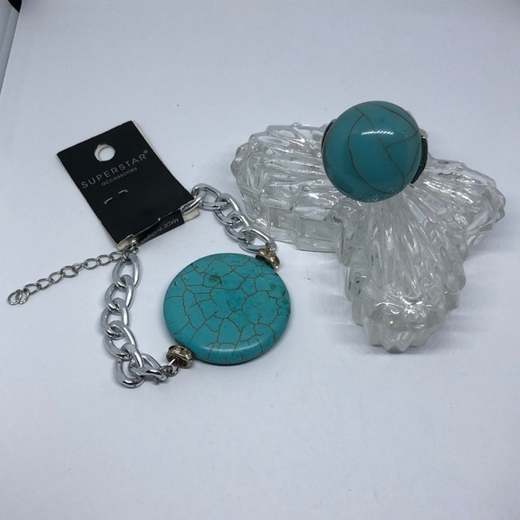 CURATED bundle faux turquoise jewelry set ring and bracelet boho festival - Picture 1 of 5